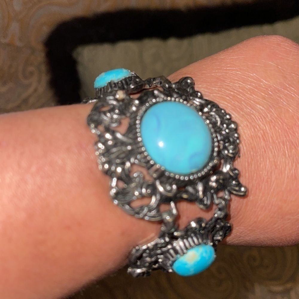 Huge oxidized silver tone and turquoise bracelet
